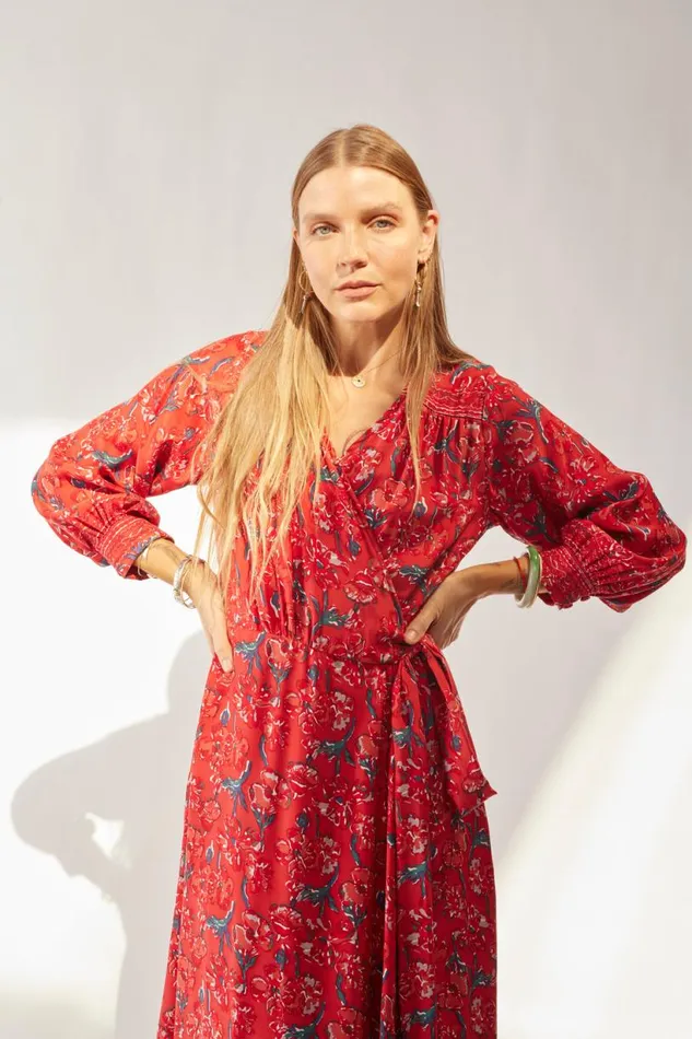 Natalie Martin KATE LONG SLEEVE MAXI Silk Watercolor Vermillion Shop Dresses