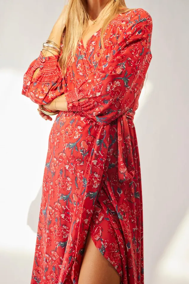 Natalie Martin KATE LONG SLEEVE MAXI Silk Watercolor Vermillion Shop Dresses