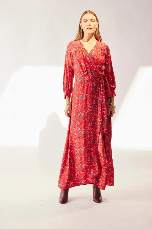 Natalie Martin KATE LONG SLEEVE MAXI Silk Watercolor Vermillion Shop Dresses