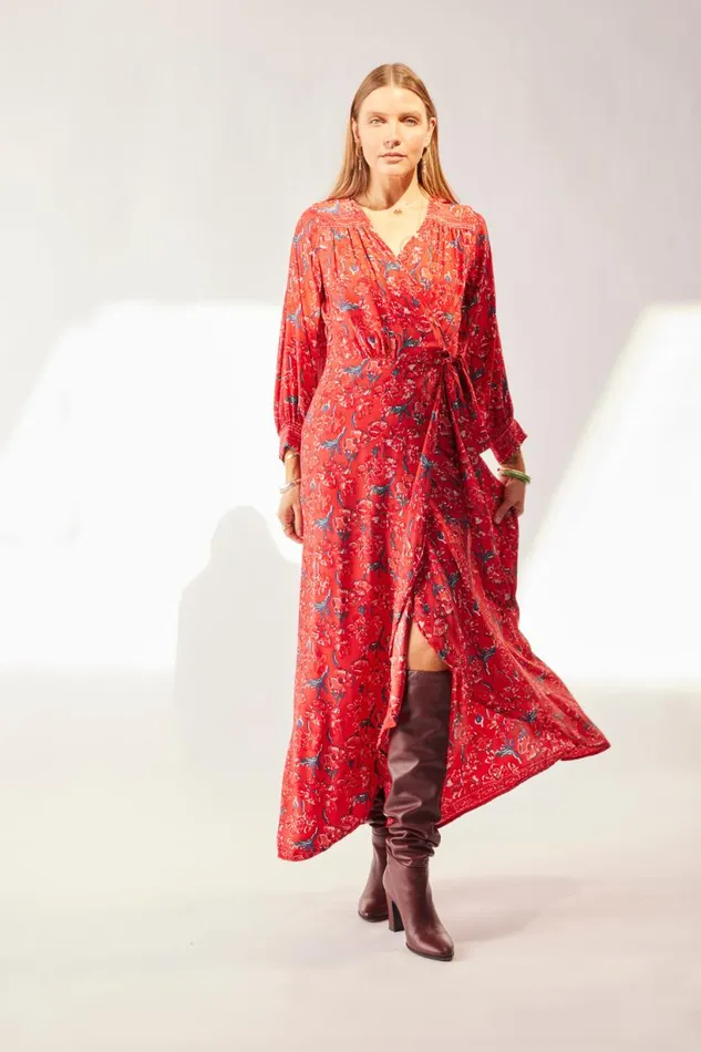 Natalie Martin KATE LONG SLEEVE MAXI Silk Watercolor Vermillion Shop Dresses
