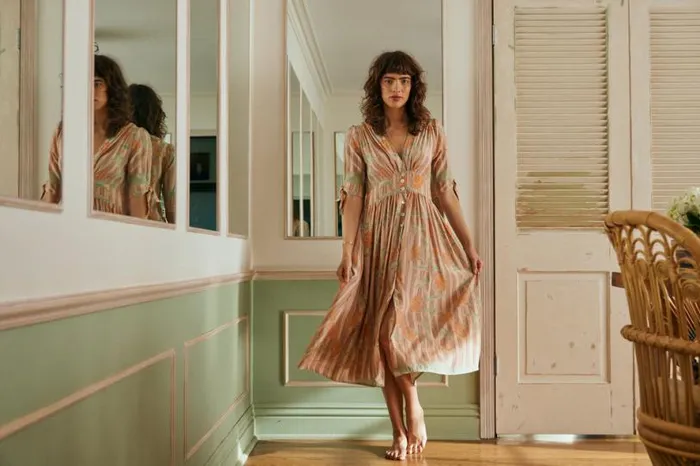 Natalie Martin LAYLA DRESS Chamomile Apricot Shop Dresses