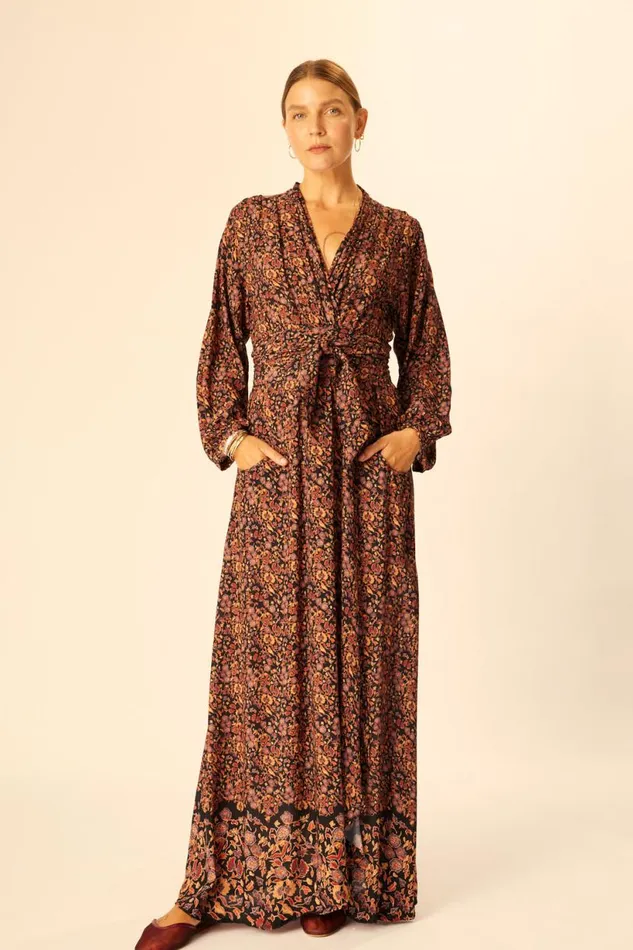 Natalie Martin NICO LS MAXI WITH SASH Petite Fleur Noire Shop Dresses