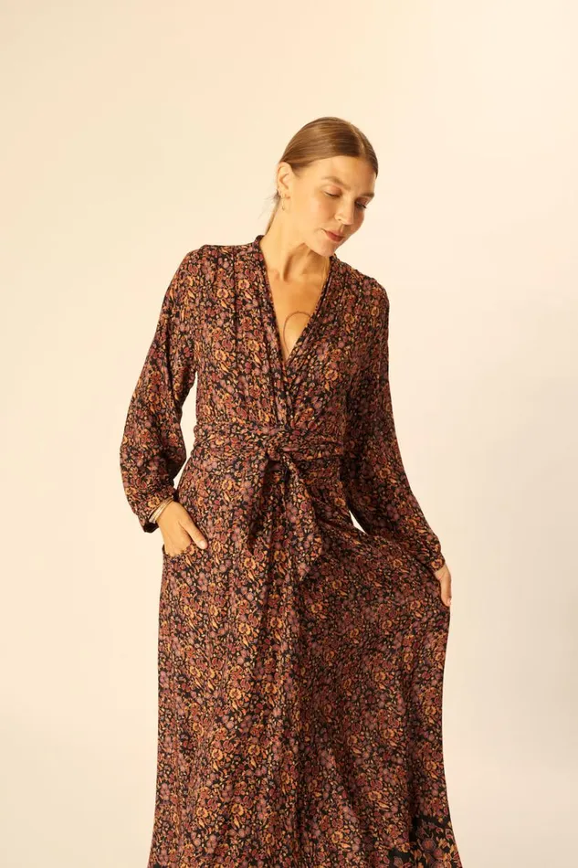 Natalie Martin NICO LS MAXI WITH SASH Petite Fleur Noire Shop Dresses