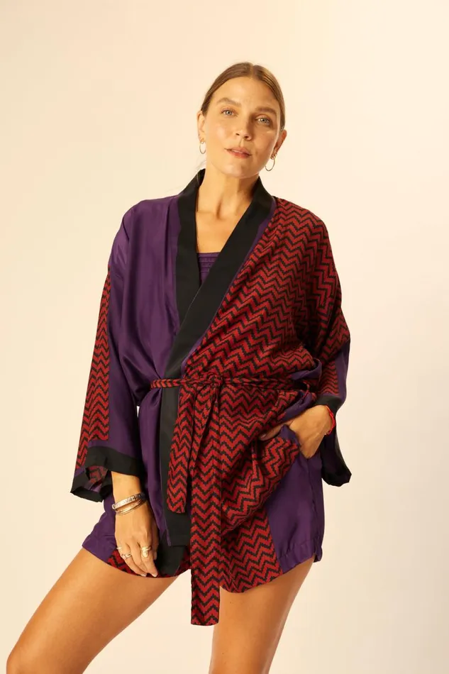 Natalie Martin SAYLOR KIMONO Block Zigzag Aubergine Shop Coverups