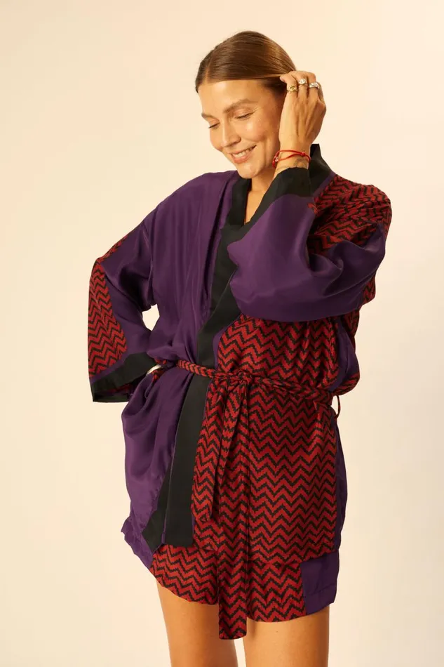 Natalie Martin SAYLOR KIMONO Block Zigzag Aubergine Shop Coverups