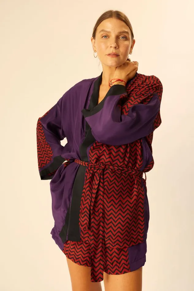 Natalie Martin SAYLOR KIMONO Block Zigzag Aubergine Shop Coverups