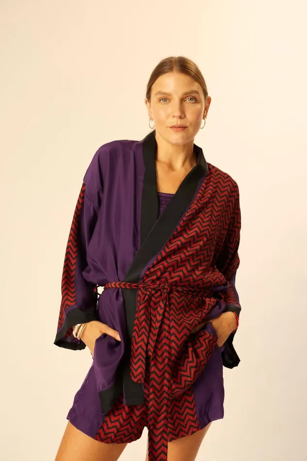 Natalie Martin SAYLOR KIMONO Block Zigzag Aubergine Shop Coverups