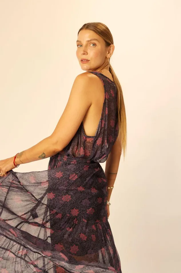 Natalie Martin SIERRA SKIRT Chiffon Snowflake Aubergine Shop Bottoms