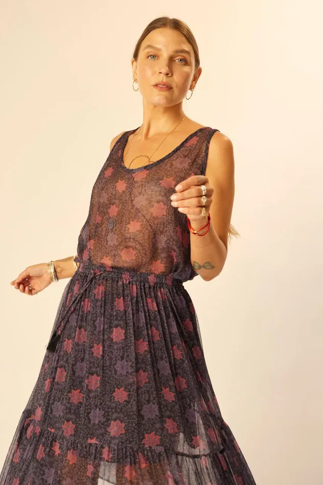 Natalie Martin SIERRA SKIRT Chiffon Snowflake Aubergine Shop Bottoms