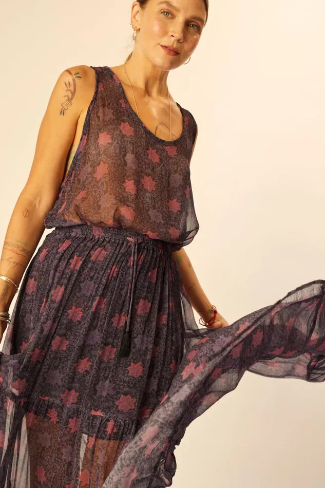Natalie Martin SIERRA SKIRT Chiffon Snowflake Aubergine Shop Bottoms