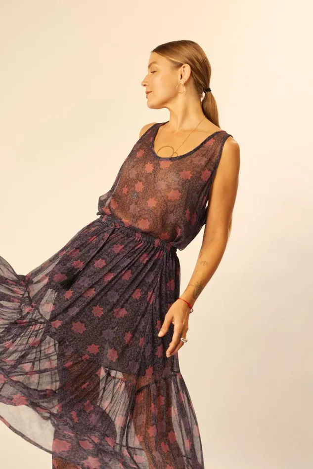 Natalie Martin SIERRA SKIRT Chiffon Snowflake Aubergine Shop Bottoms