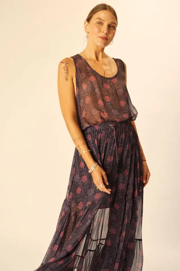 Natalie Martin SIERRA SKIRT Chiffon Snowflake Aubergine Shop Bottoms