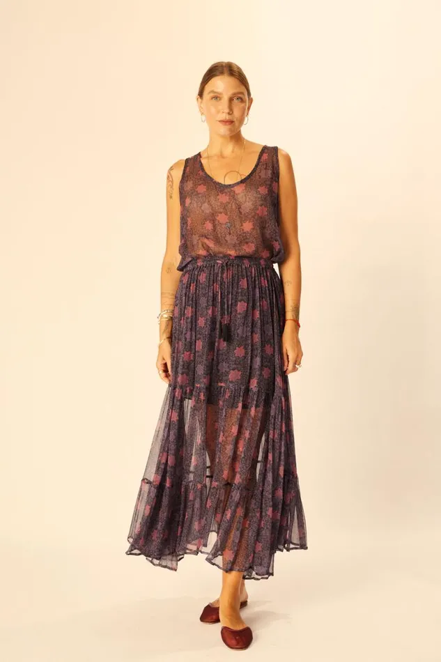 Natalie Martin SIERRA SKIRT Chiffon Snowflake Aubergine Shop Bottoms