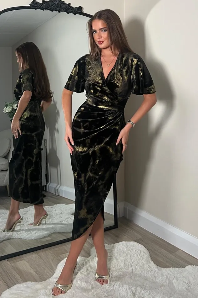 Natasha Angel Sleeve Wrap Midi Dress In Black And Gold Velvet Women Girl In Mind Bodycon Dresses Natasha Angel Sleeve Wrap Midi Dress In Black And Gold Velvet Women Girl In Mind Bodycon Dresses