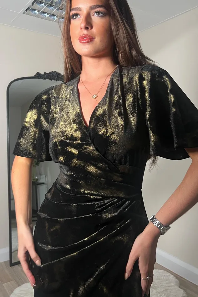 Natasha Angel Sleeve Wrap Midi Dress In Black And Gold Velvet Women Girl In Mind Bodycon Dresses