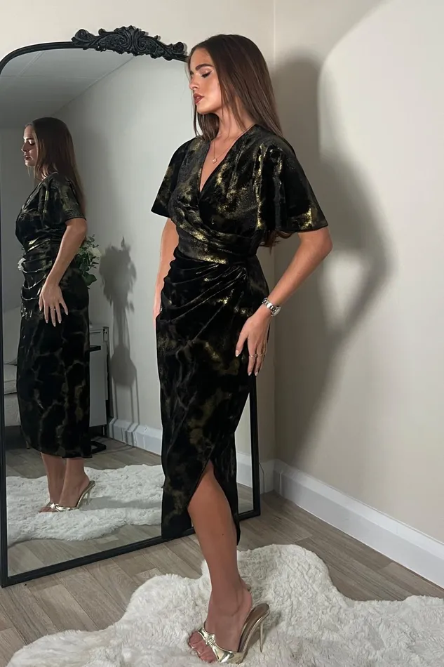 Natasha Angel Sleeve Wrap Midi Dress In Black And Gold Velvet Women Girl In Mind Bodycon Dresses