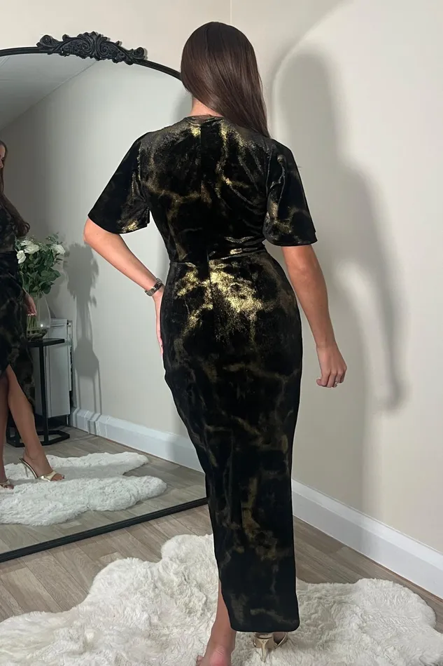 Natasha Angel Sleeve Wrap Midi Dress In Black And Gold Velvet Women Girl In Mind Bodycon Dresses
