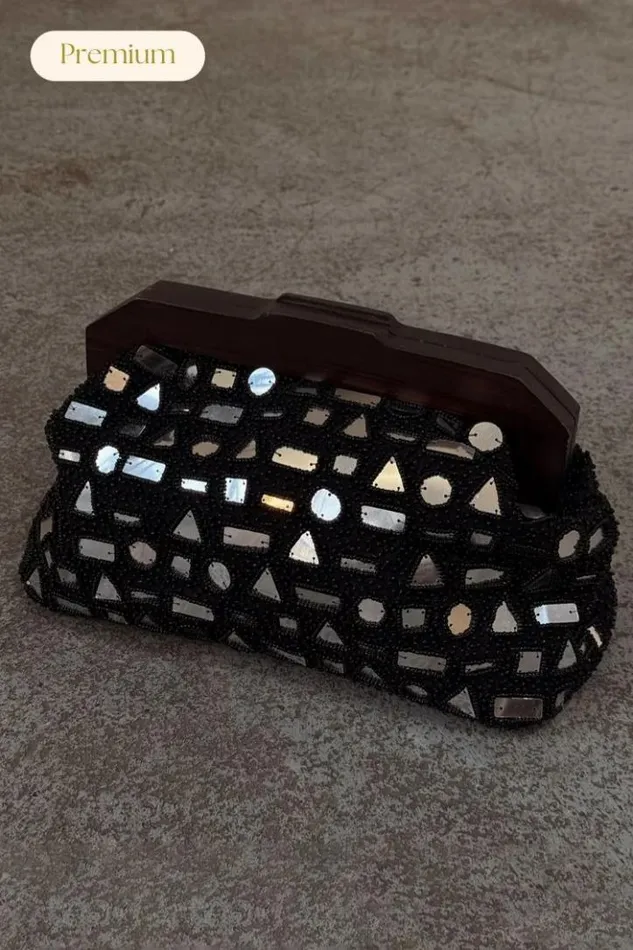 Never Fully Dressed Black Beaded Mirror Bag Women Accessories