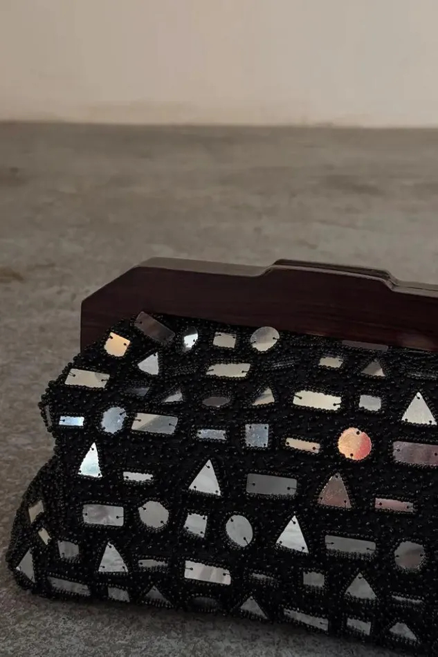 Never Fully Dressed Black Beaded Mirror Bag Women Accessories