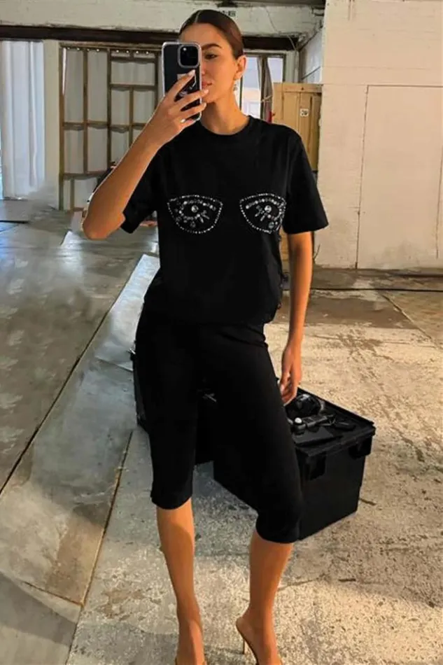 Never Fully Dressed Black Jewel Bust T Shirt Women Tops and TShirts