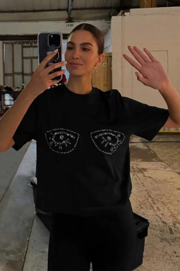 Never Fully Dressed Black Jewel Bust T Shirt Women Tops and TShirts