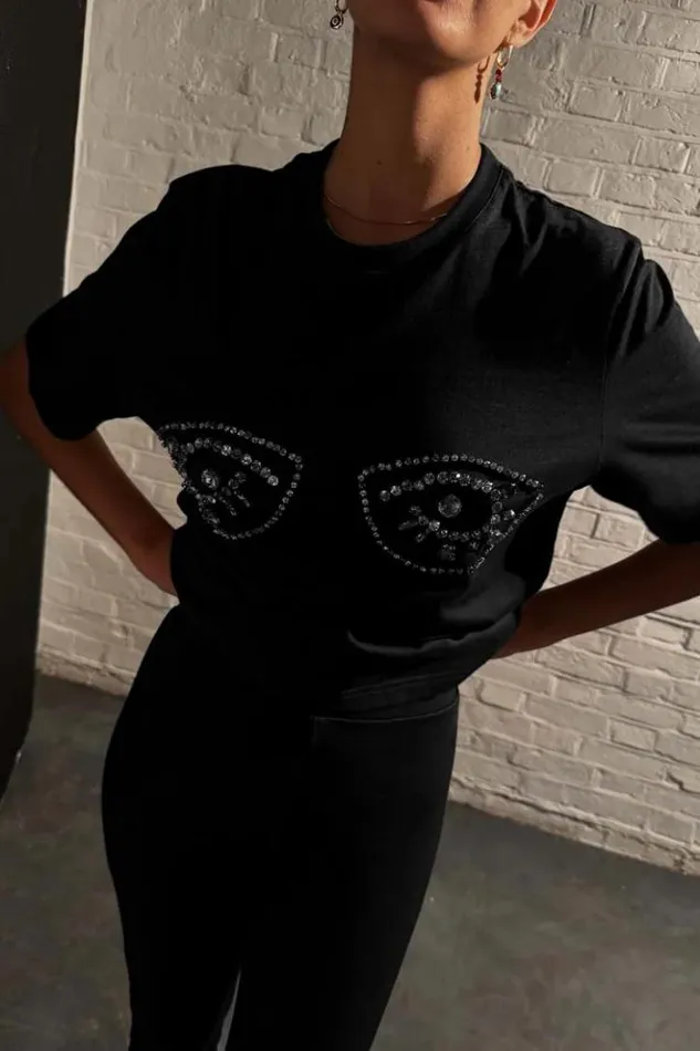 Never Fully Dressed Black Jewel Bust T Shirt Women Tops and TShirts