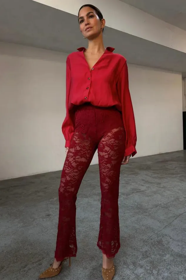 Never Fully Dressed Burgundy Lace Diva Trousers Women Trousers and Shorts