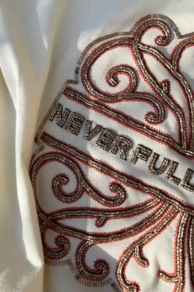 Never Fully Dressed Cream Beaded Logo Tshirt Women Tops and TShirts