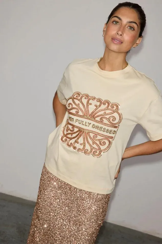 Never Fully Dressed Cream Beaded Logo Tshirt Women Tops and TShirts