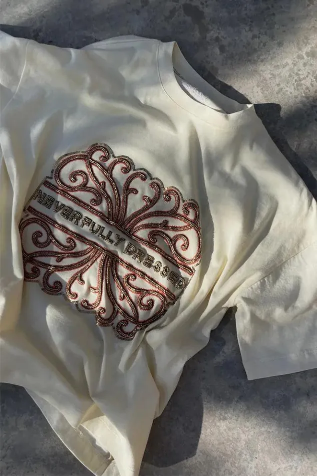 Never Fully Dressed Cream Beaded Logo Tshirt Women Tops and TShirts