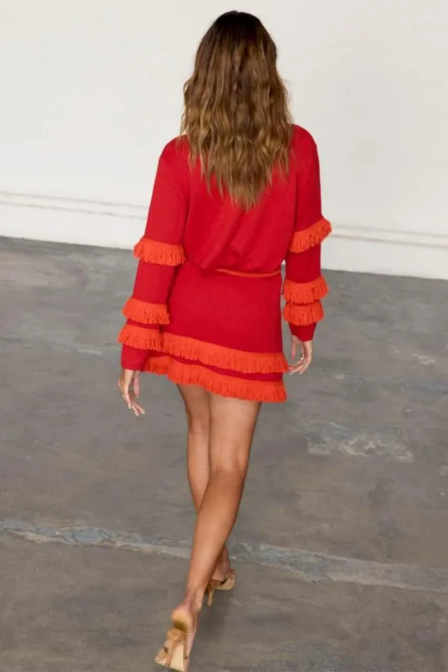 Never Fully Dressed Red Fringe Holly Cardigan Women Knitwear