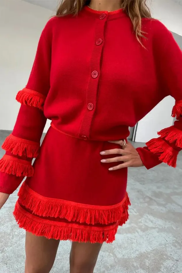 Never Fully Dressed Red Fringe Holly Cardigan Women Knitwear