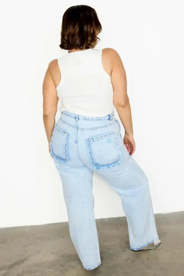 Never Fully Dressed Scallop Detail Straight Leg Jeans Women Trousers and Shorts