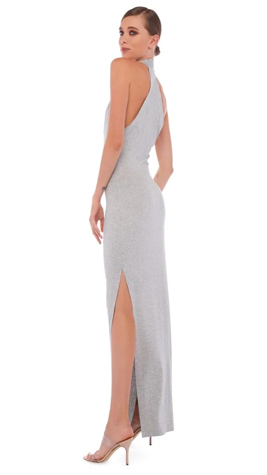Norma Kamali Dresses HALTER NEETA SIDE SLIT GOWN Light Grey 8211 Clothing