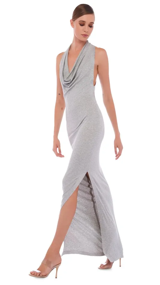 Norma Kamali Dresses HALTER NEETA SIDE SLIT GOWN Light Grey 8211 Clothing