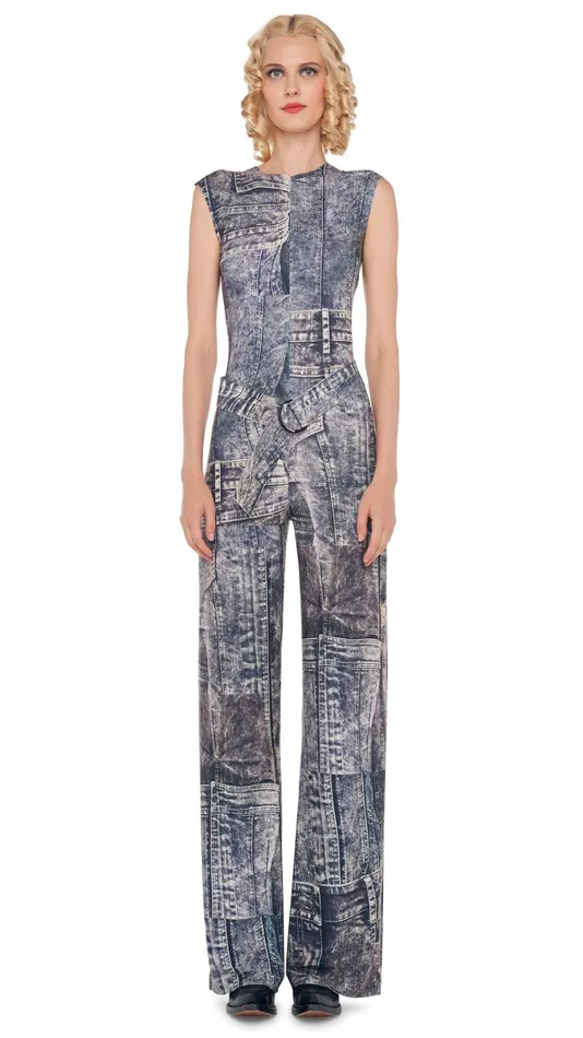 Norma Kamali Jumpsuits SLEEVELESS JUMPSUIT Blacknavy Denim Print 8211 Clothing Norma Kamali Jumpsuits SLEEVELESS JUMPSUIT Blacknavy Denim Print 8211 Clothing