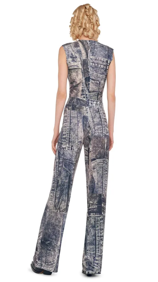 Norma Kamali Jumpsuits SLEEVELESS JUMPSUIT Blacknavy Denim Print 8211 Clothing Norma Kamali Jumpsuits SLEEVELESS JUMPSUIT Blacknavy Denim Print 8211 Clothing