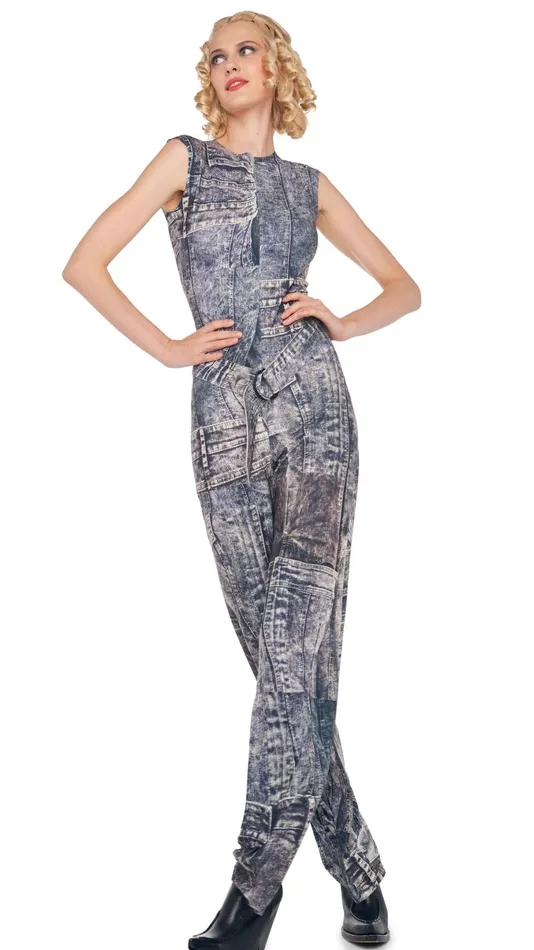 Norma Kamali Jumpsuits SLEEVELESS JUMPSUIT Blacknavy Denim Print 8211 Clothing Norma Kamali Jumpsuits SLEEVELESS JUMPSUIT Blacknavy Denim Print 8211 Clothing