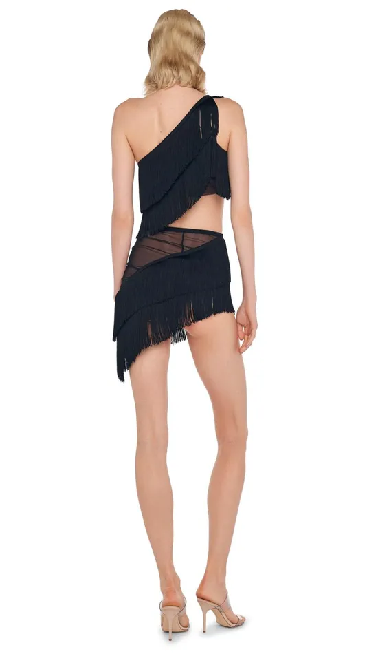 Norma Kamali Tops SPLICED ONE SHOULDER FRINGE TOP Black 8211 Clothing