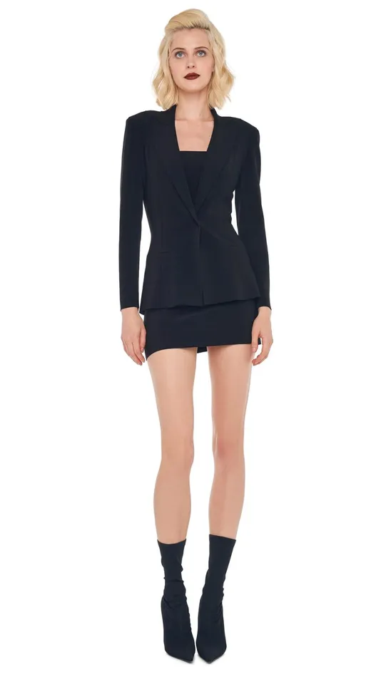 Norma Kamali Wardrobe STRAPLESS PICKLEBALL MINI DRESS With SINGLE BREASTED BOY FIT JACKET 8211 Clothing Norma Kamali Wardrobe STRAPLESS PICKLEBALL MINI DRESS With SINGLE BREASTED BOY FIT JACKET 8211 Clothing