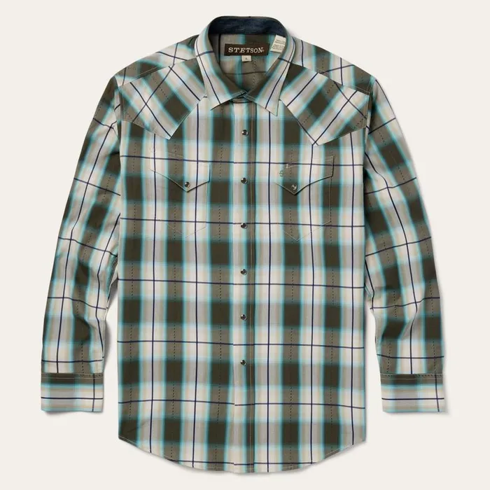 Olive Ombre Plaid Western Shirt Green Men Stetson Classic Cut
