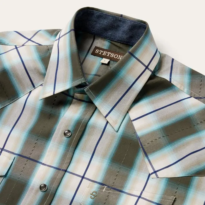 Olive Ombre Plaid Western Shirt Green Men Stetson Classic Cut
