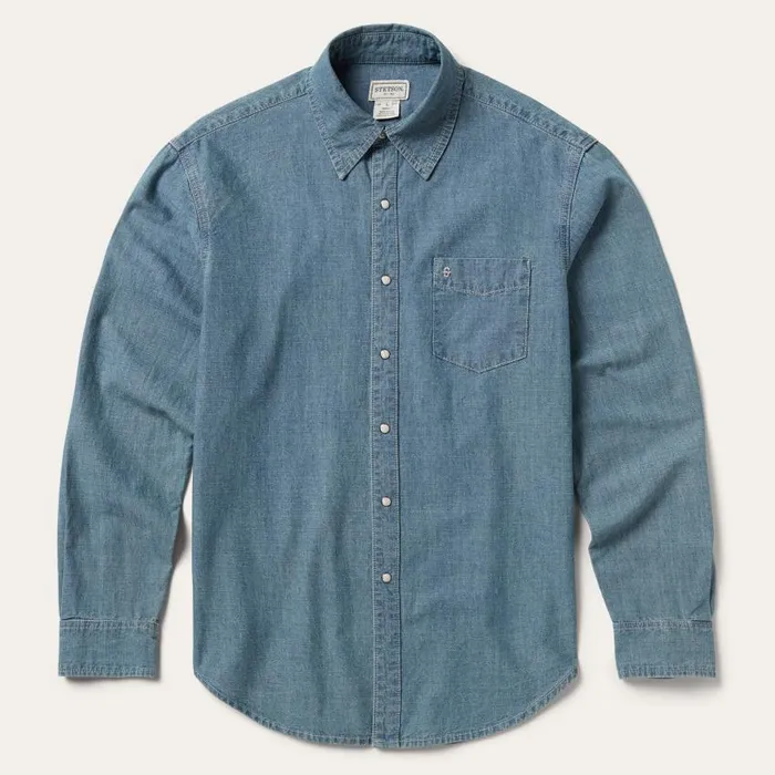 One Pocket Chambray Denim Shirt Blue Men Stetson Western Shirts