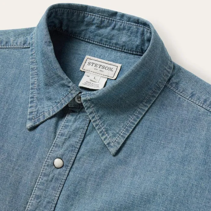 One Pocket Chambray Denim Shirt Blue Men Stetson Western Shirts