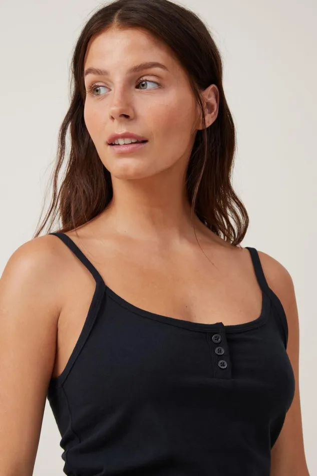 Peached Jersey Henley Cami Black Women Cotton On Tops
