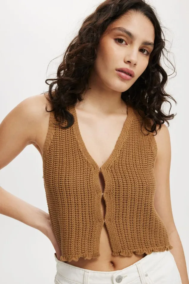Peekaboo Vest Sandstone Women Cotton On Sweaters and Cardigans