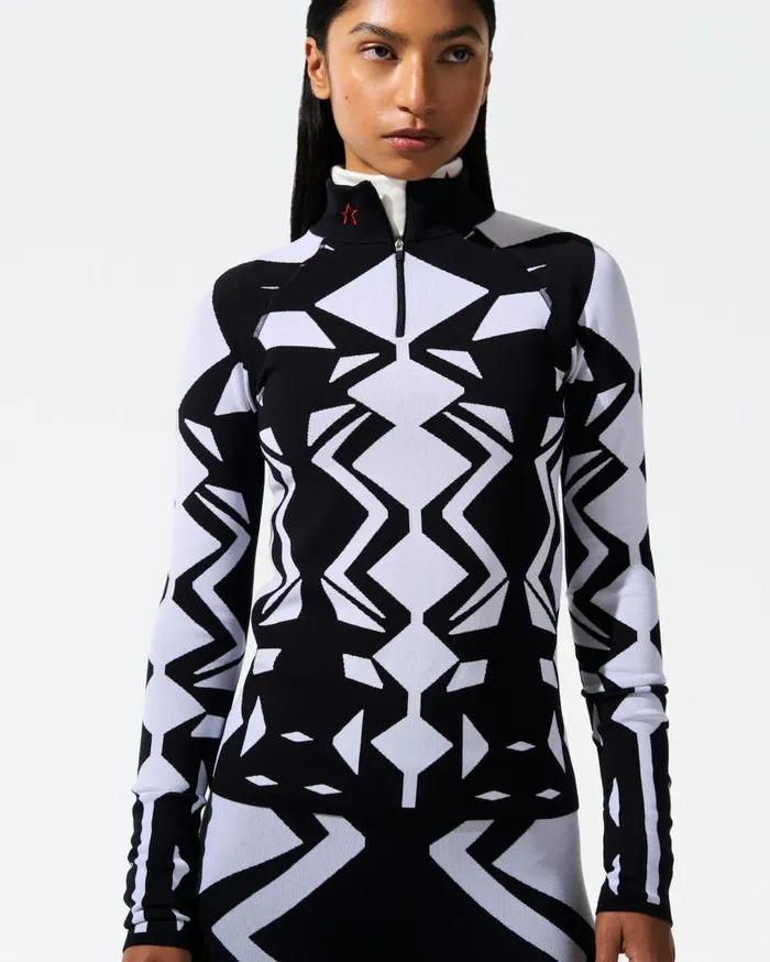 Perfect Moment Tops Geo Print 14Zip Base Layer Top White and Black 8211 Women
