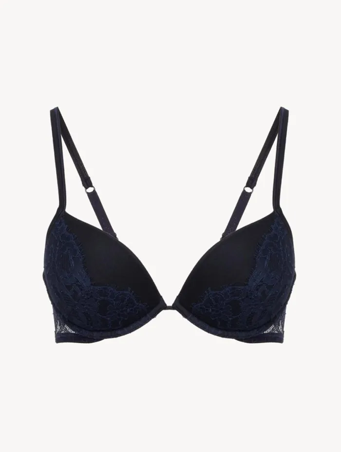 PushUp Bra In Steel Blue And Black With Leavers Lace Lingerie La Perla Padded