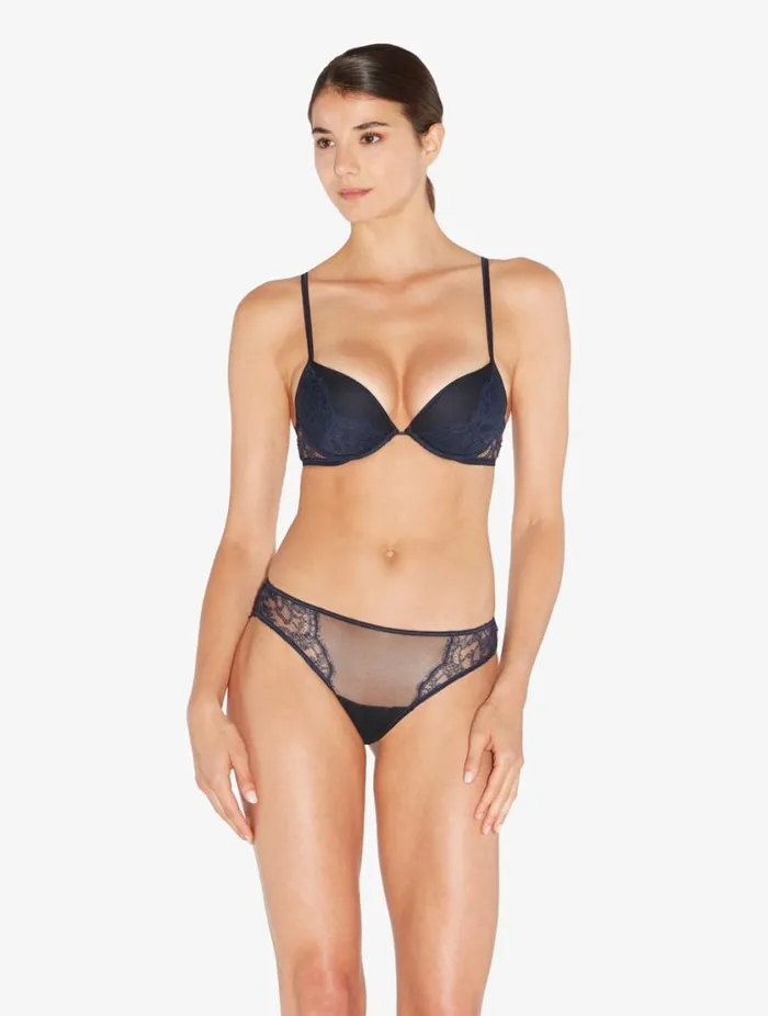 PushUp Bra In Steel Blue And Black With Leavers Lace Lingerie La Perla Padded