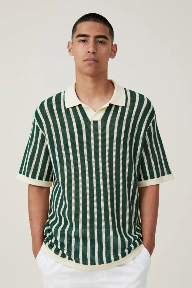 Resort Short Sleeve Polo Green Stripe Men Cotton On Shirts and Polos